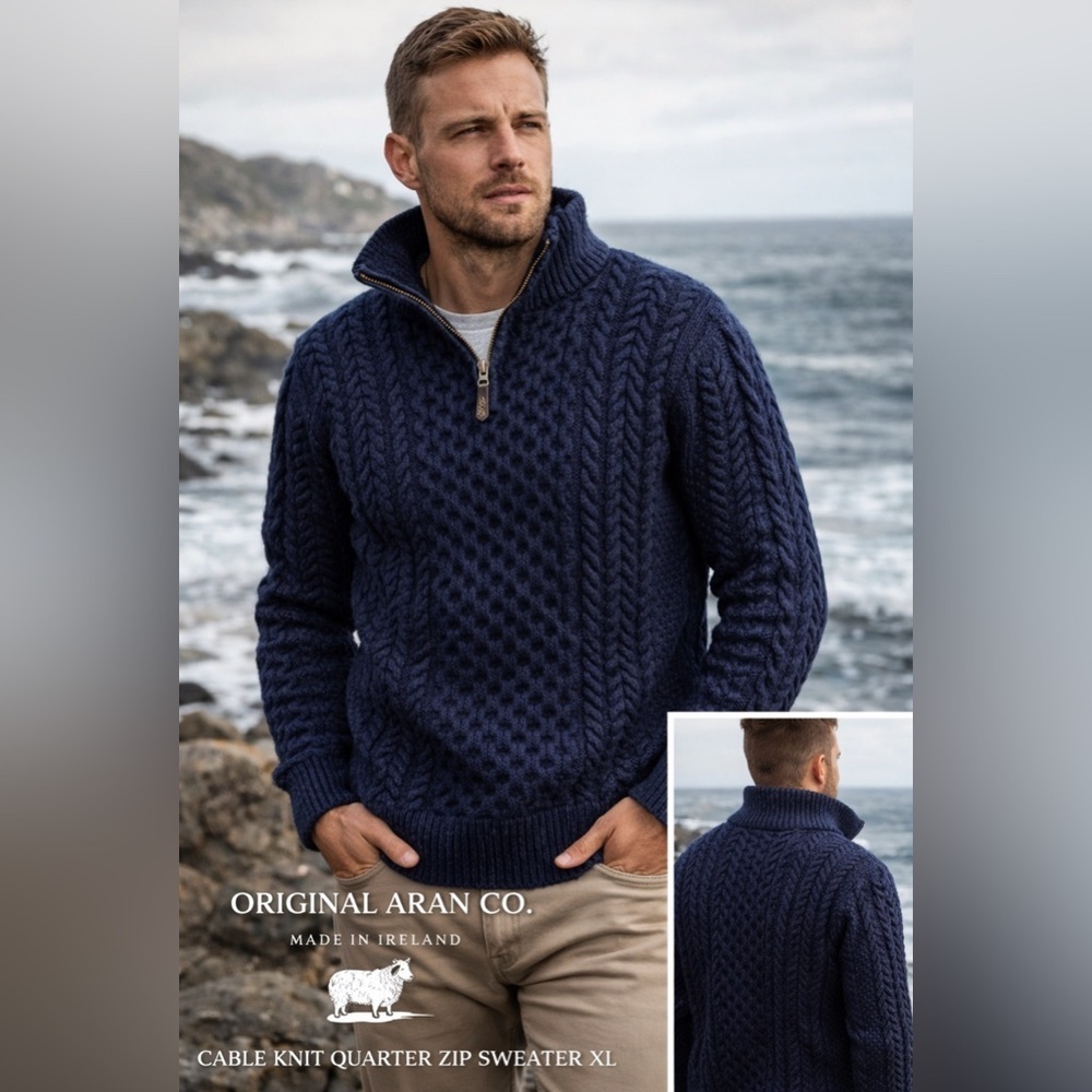 Original Aran Co Navy Cable Knit Quarter Zip Sweater XL | Irish Wool Pullover